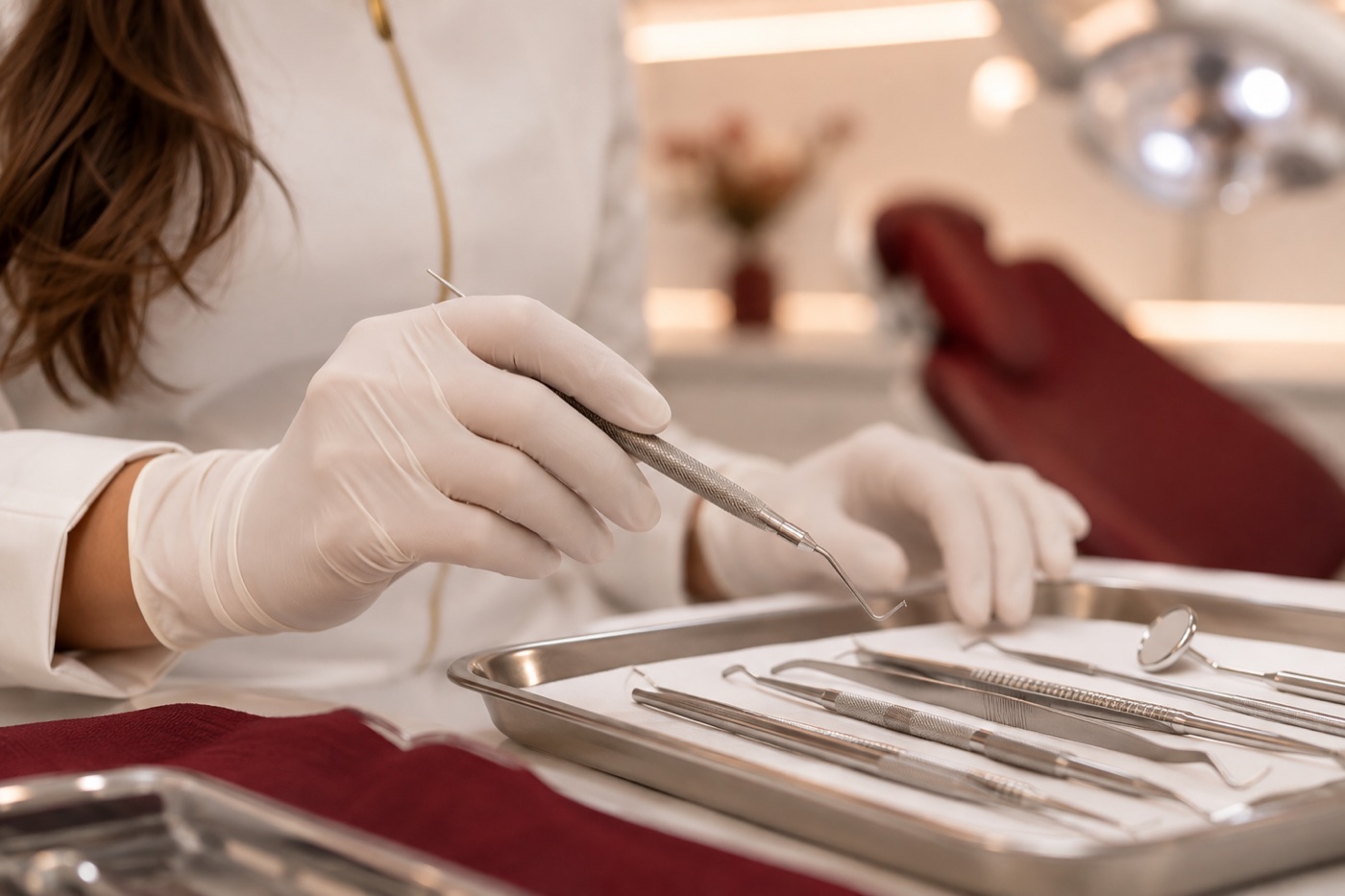 Mãos da dentista com instrumento cirúrgico