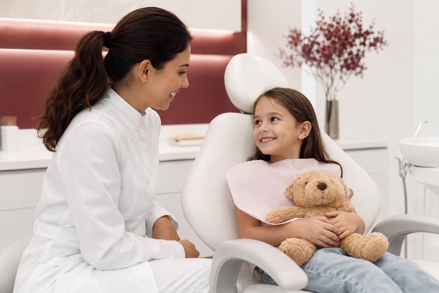 Criança sorrindo na cadeira odontológica